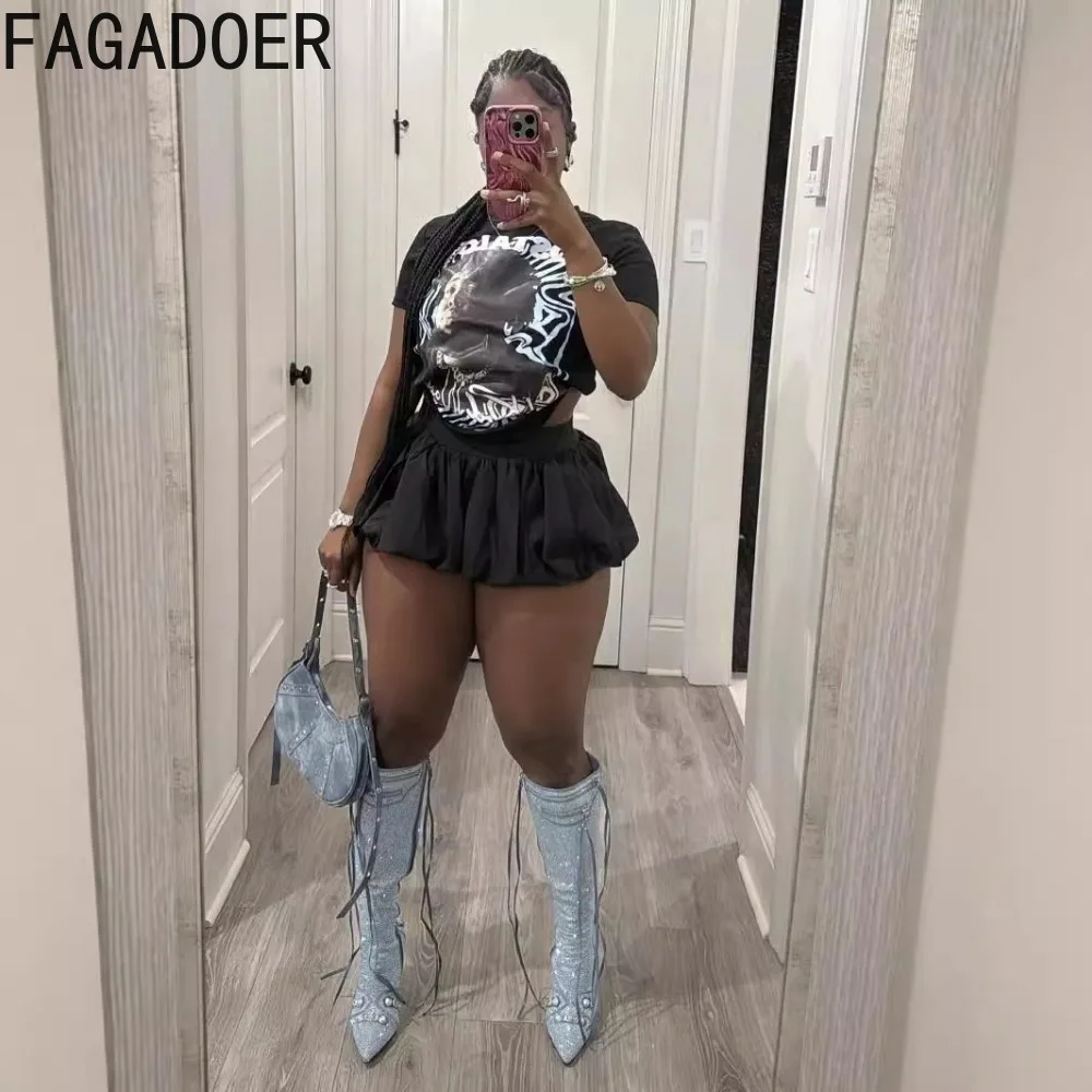 FAGADOER Black Fashion Y2K Streetwear Women Graphic T Shirts And Mini Puffy Mini Skirts Two Piece Sets Female Trend 2pcs Clothes