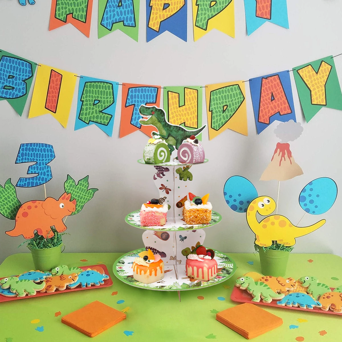 Stojak na tort z dinozaurami z kreskówek 1. Dekoracje na imprezę urodzinową dla dzieci chłopców ryk z motywem dinozaura Baby Shower Dino