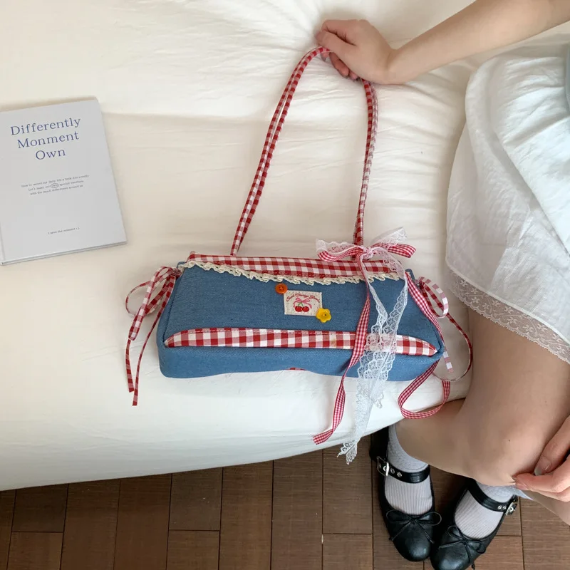 

Richme INS Style Handbags Women 2025 Plaid Denim Ladies Underarm Shoulder Bags Fashion Y2K Aesthetic Lace Ribbon Bolso Mujer