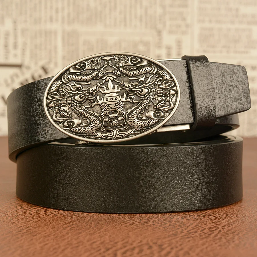 New personalized denim belt with dual dragon treasure grabbing automatic buckle for men's casual leather belt