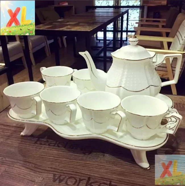

Teapot Set European Modern Afternoon 6pcs Gold Rim Porcelain Tea Cup with Tray Ceramic 2024
