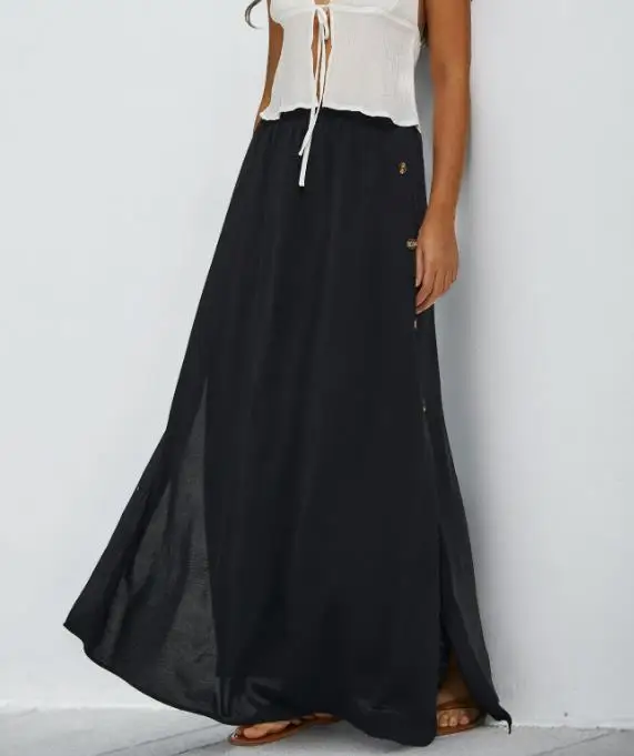 Skirt for Women 2026 Spring Summer New Solid Color Pocket Side Button Design High Waist Casual Loose Daily Long Skirt