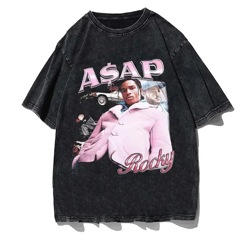 Streetwear Asap Rocky Graphic Printed Men\'s And Women\'s Washed T-Shirts Fashion Retro Punk Hip Hop Short Sleeve T-Shirts Summer