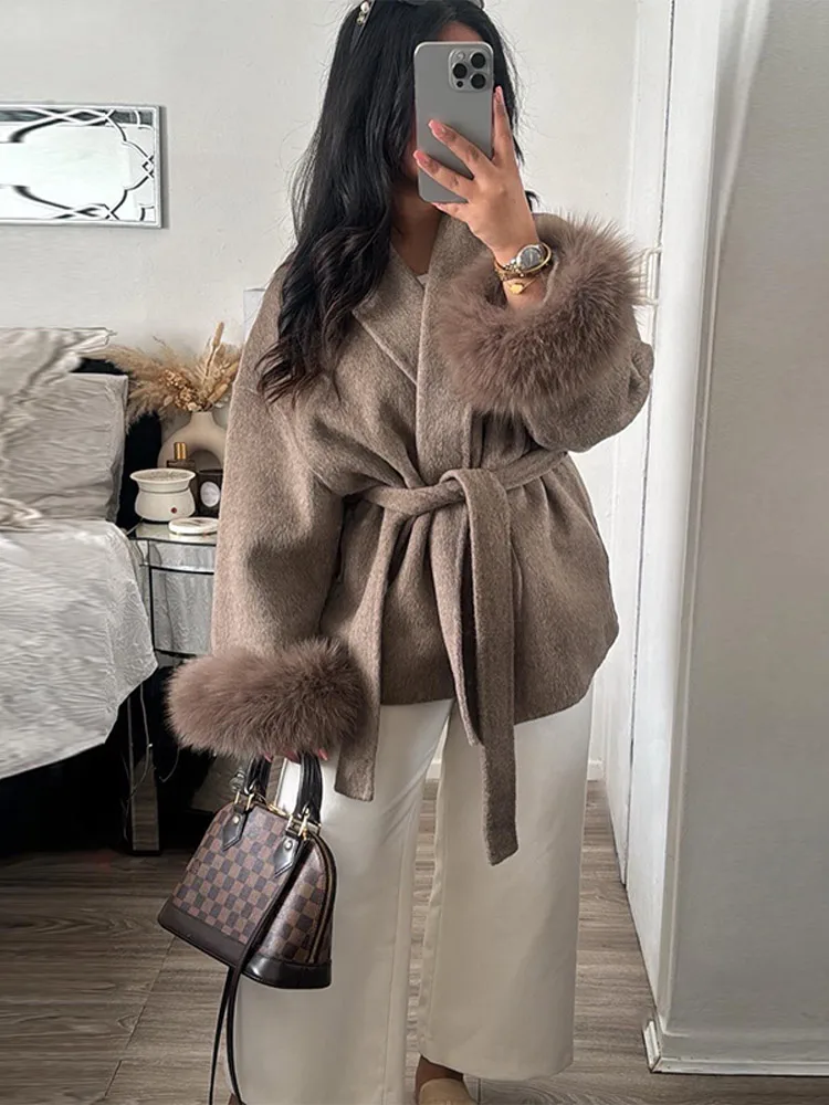 2026 Chic Lapel Plush Coat With Belt Women Vintage Solid Faux Fur Sleeve Tweed Open Coats Female Autumn Casual Street Outwear