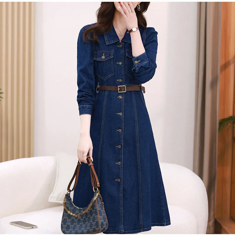 Nieuwe dames denim shirtjurk met lange mouwen lente herfst retro jurken mode vrouwelijke middellange denim jurken enkele rij knopen