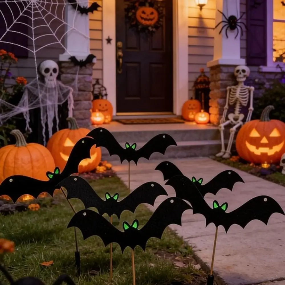 6PCS Realistic Glowing Eye Bat Garden Stake Flying Bat Felt Halloween Bat Grounds Insertion Luminous Bat Bat Card Insertion