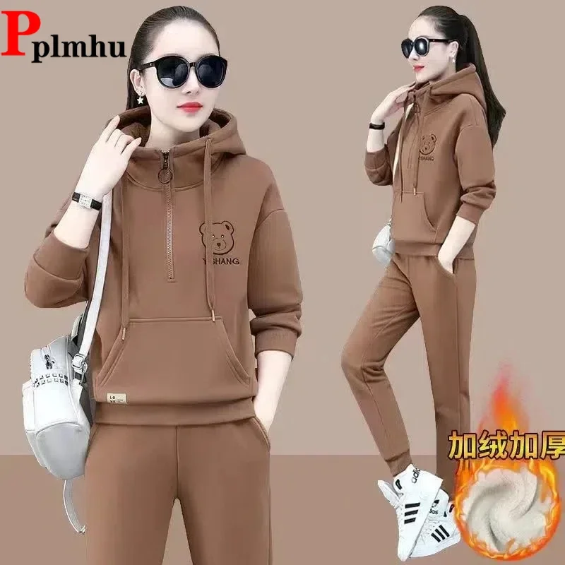 

Korean Hooded Sweatshirt PantsuitWomen Outfits Jogging Sportswear 2 Piece Set Autumn Winter Plus Velvet Thick Casual Tracksuit