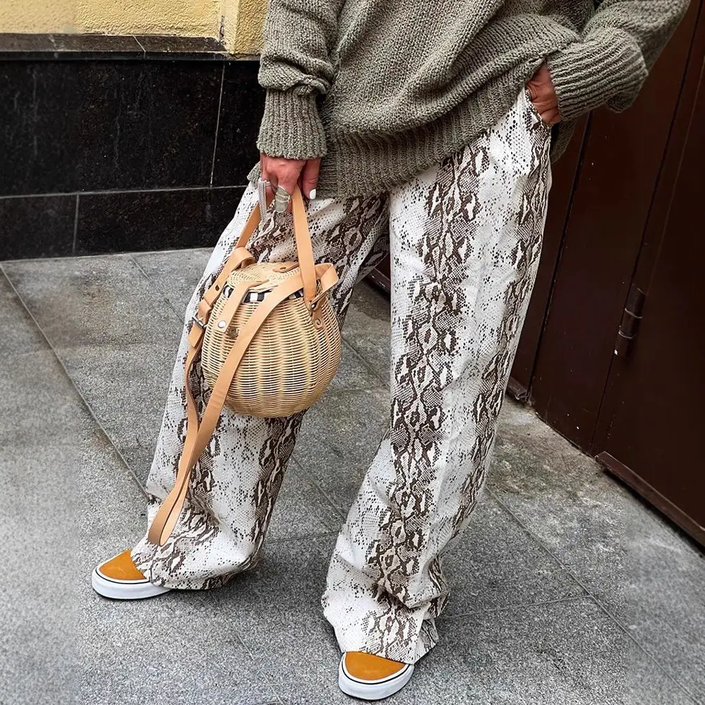Spring 2025 New Vintage Snake-Print Loose High-Waist Straight-Tee Casual Pants