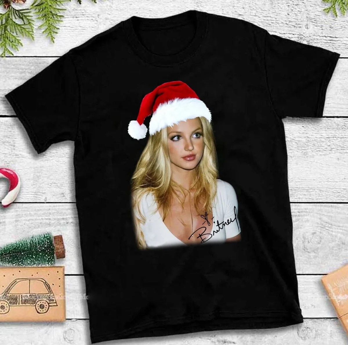 Britney Spears wearing christmas hat signed shirt black Tee S to 5Xl 1F1039