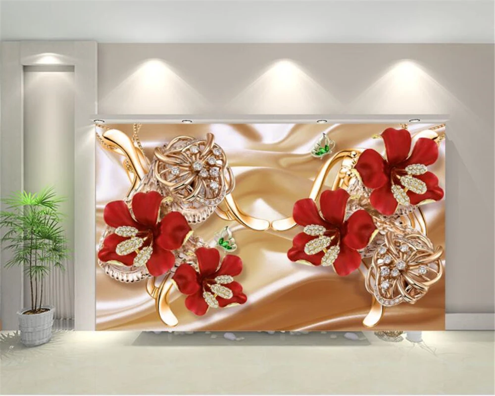 Customized products wallpaper mural 8d jewellery Golden flowers red Living room background wall bedroom restaurant flower stereo