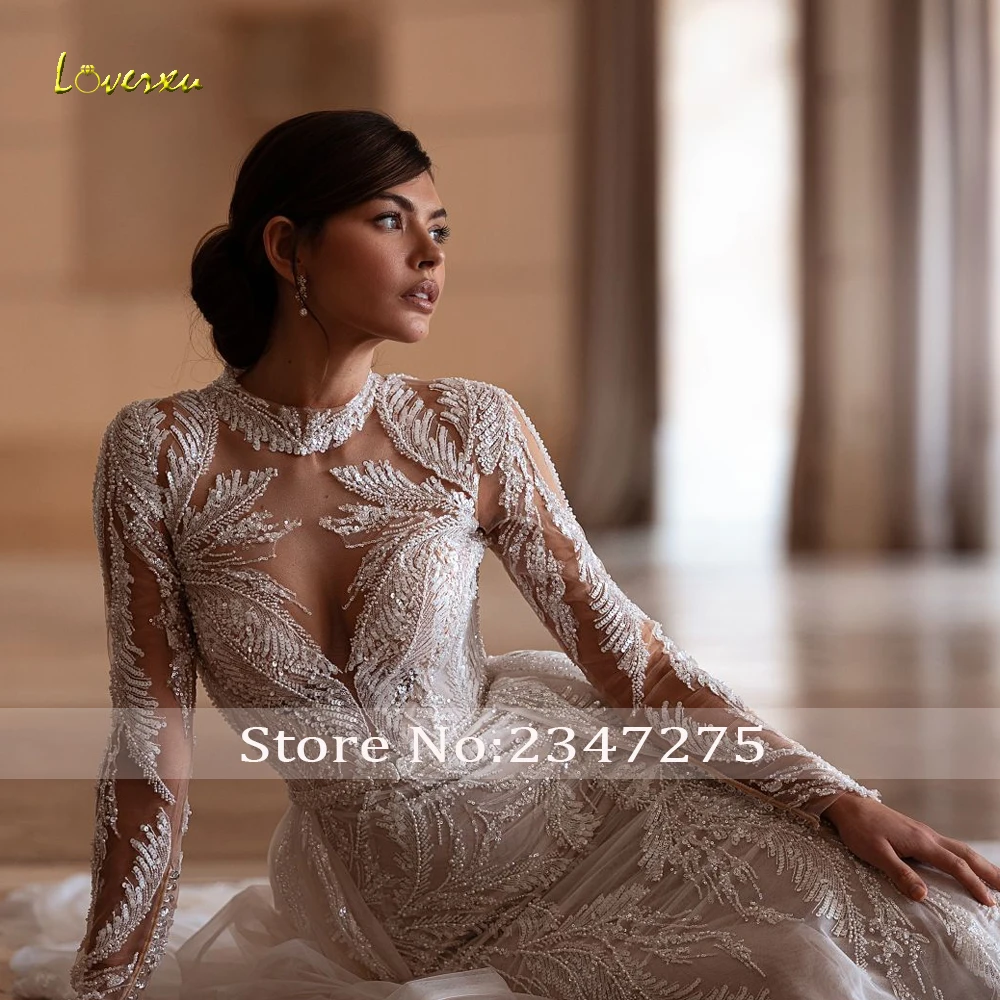 Loverxu sereia vestidos de casamento alta pescoço manga longa vestido de novia renda bordado trem destacável feito sob encomenda vestido de noiva