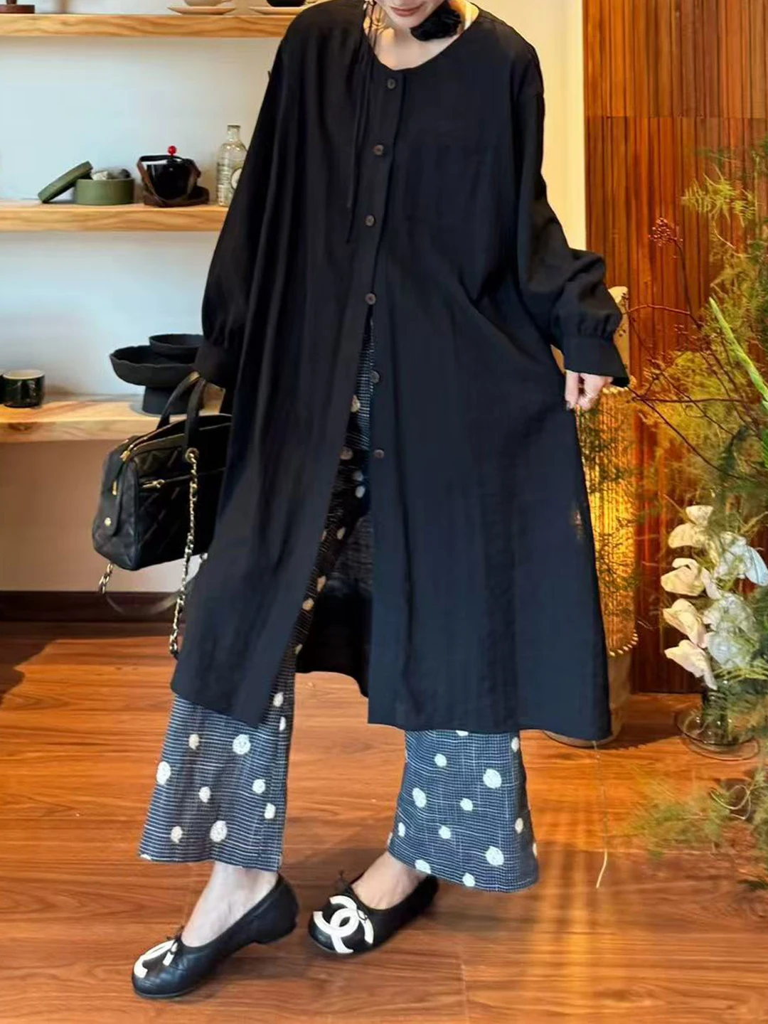 Ele Bla Long Sve irt Dr レディース ルーズ カジュアル スリミング 秋 アウター トップス ボタンアップ ミッドレングス ヴィンテージ スレ