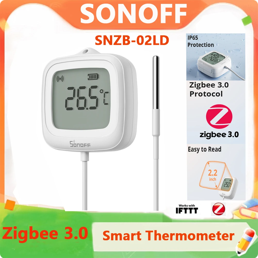 

SONOFF SNZB-02LD Zigbee Smart Thermometer With Probe IP65 Waterproof Smart Zigbee Temperature Sensor For water tanks, Aquariums