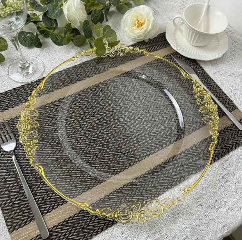 30 /50/100pcs Acrylic Plastic Clear Charger Plate with Gold Rim Decorative Dinner Serving Plates Wedding Xmas Party Decor ni374