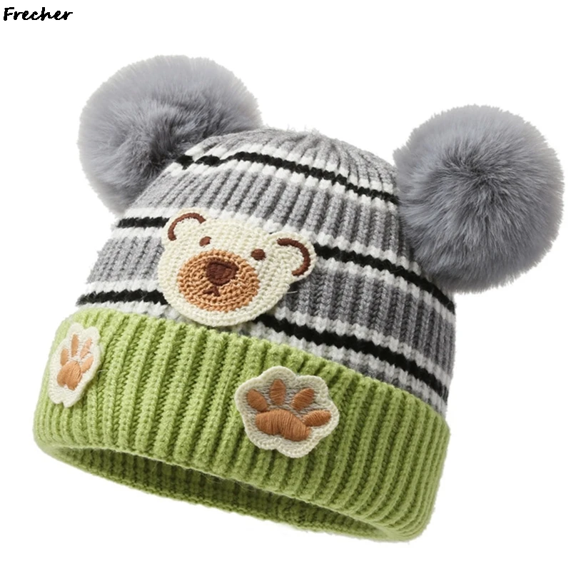 Winter Warm Headwear Girls Boys Elastic Casual Beanies Caps Double Hairball Baby Soft Hats Cute Bear Knitted Hat Comfortable