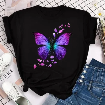 Nueva camiseta de moda para mujer, camisetas con estampado de pétalos de mariposa coloridos, camisetas gráficas bonitas de manga corta y cuello redondo, camisetas para mujer, ropa