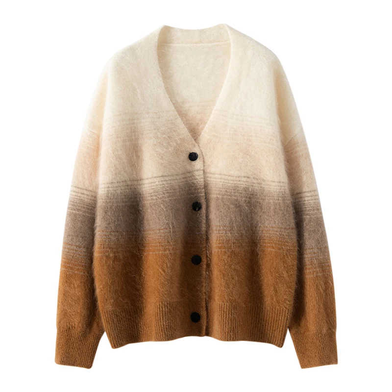 

CHICUU Women's 100% Cashmere Sweater Plush Cashmere V-neck Cardigan Thick Striped Brush Cashmere Knitwear Autumn Winter Coat