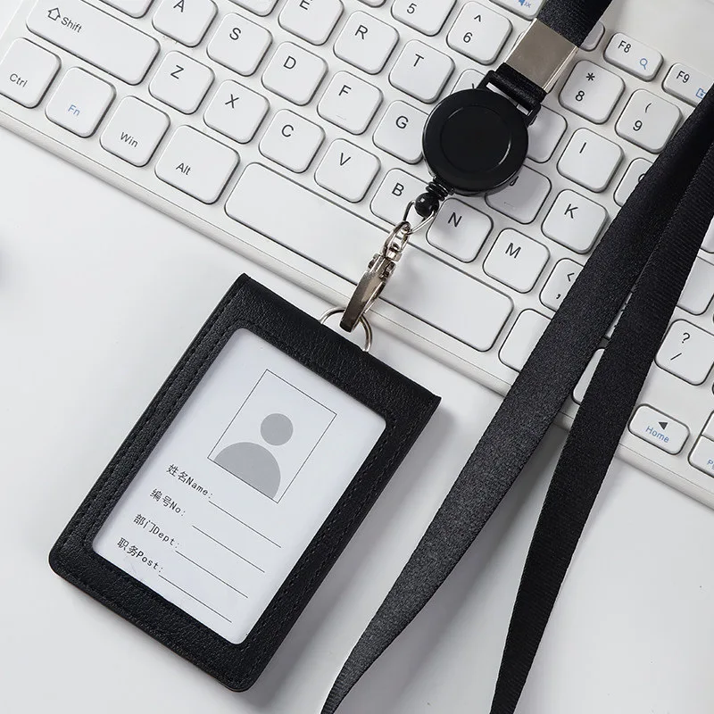PU 가죽 직원 ID 케이스, 랜야드 패션 가죽 ID 신용카드 홀더 액세스 버스 카드 케이스, 배지 홀더 카드 슬리브