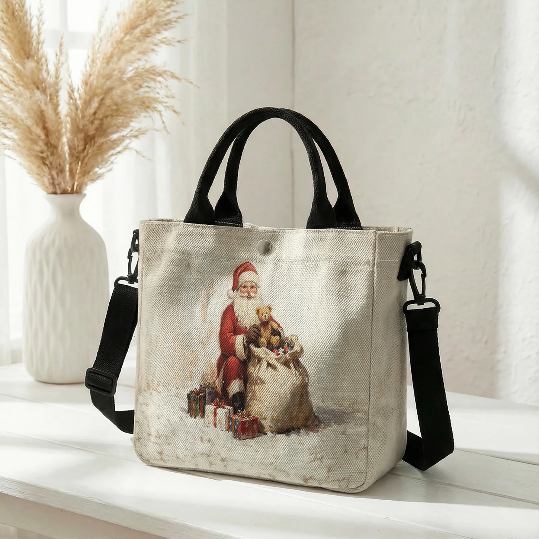 Santa Claus With Teddy Bear And Gifts Print Tote Bag, Detachable Strap Crossbody Handbag For Daily Work Shopping