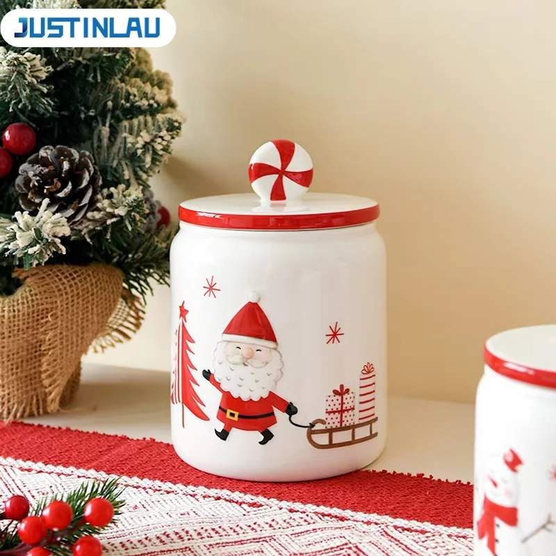 JUSTINLAU Christmas Ceramic Airtight Storage Jar Santa Claus Embossed Hand-Painted Dessert & Candy Canister Xmas Gifts for Kids