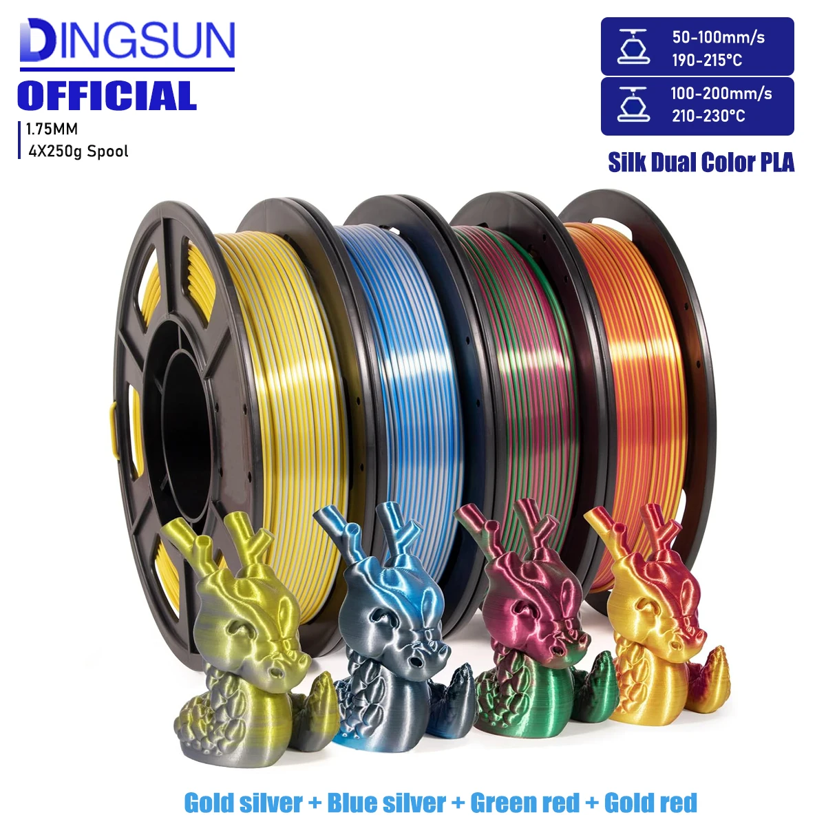 

Нить для 3D-принтера, нить PLA, комплект 1,75 мм, двухцветная нить из шелка PLA, точность размеров +/- 0,03 мм, 250 г x 4 упаковки