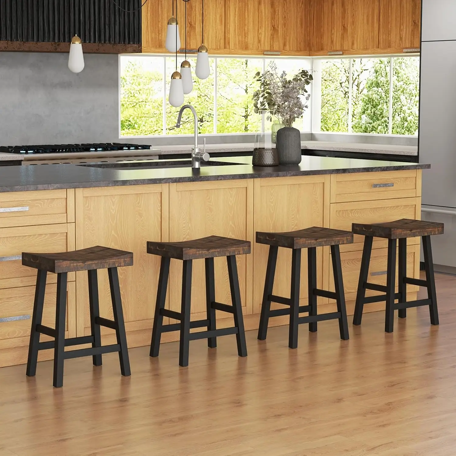 COSTWAY Wooden Saddle Stools Set of 4, 24-inch Counter Height Bar Stools with Curved Seat Surface, Rubber Wood, Acacia Wood,