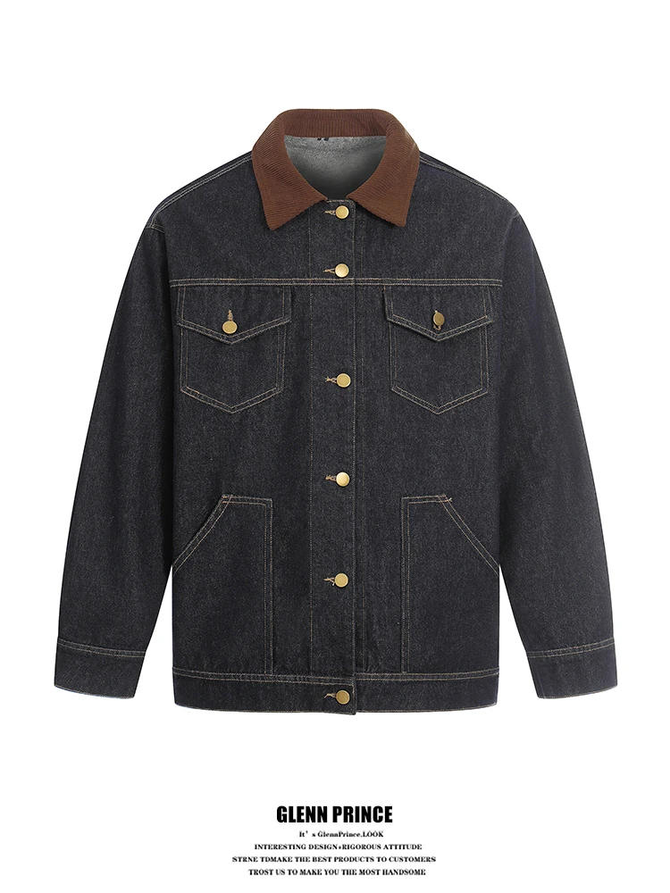 

American Retro Contrast Color Stitching Denim Jaet Men's Spring Autumn Versatile Design Casual Outerwear Loose Fit