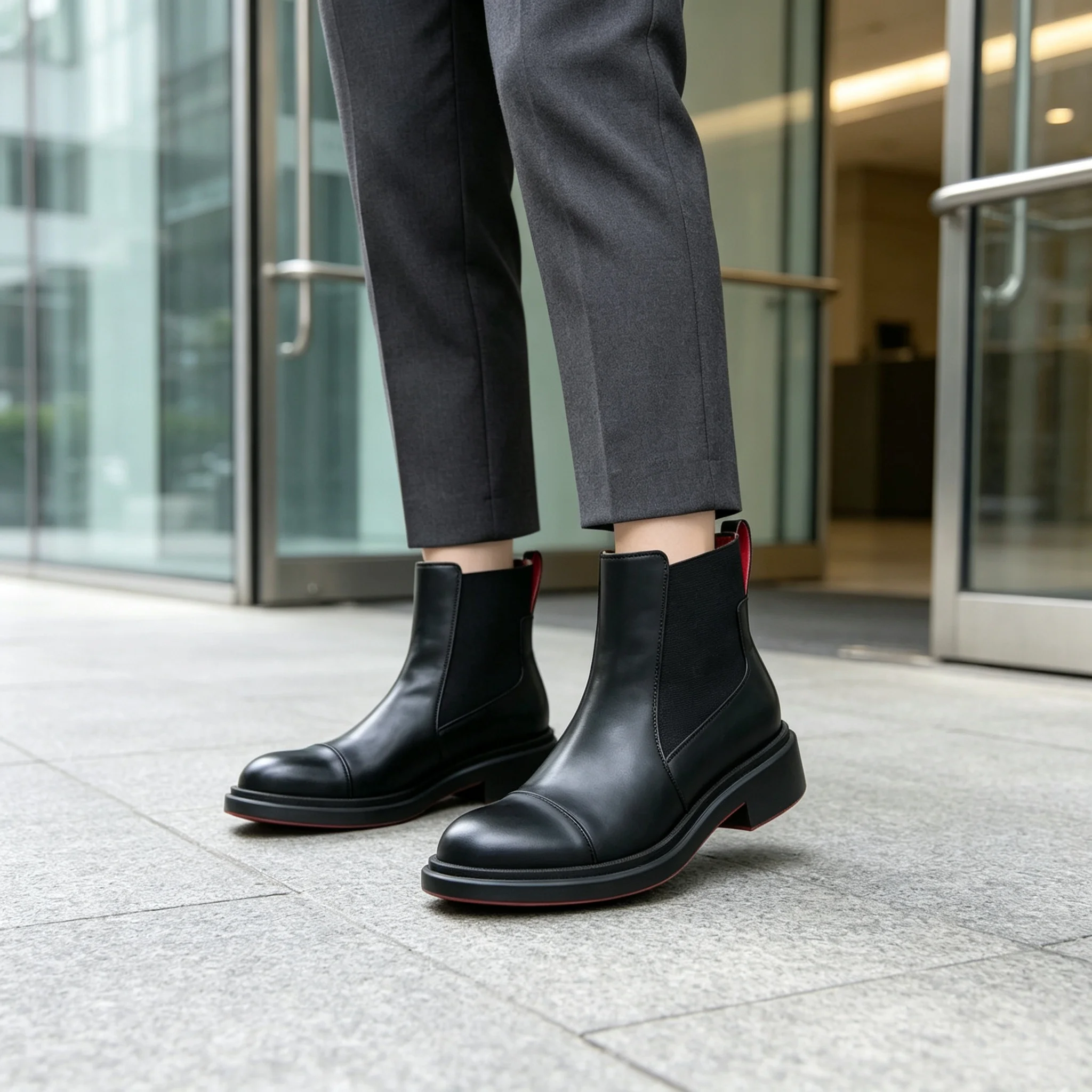 Women Black Leather Chelsea Ankle Boots Fleece Lined Thick Platform Flat Heel Classic Red Sole Elastic Slip On Winter Boots Lady