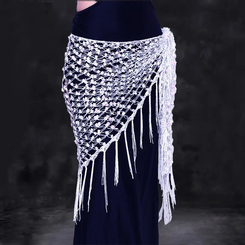 Belly Dance Costume Hip Scarf Belt Triangle Sequin Shawl Practice Belt Belly Dance Accessories Hand Crochet Tassel Hip Scarf