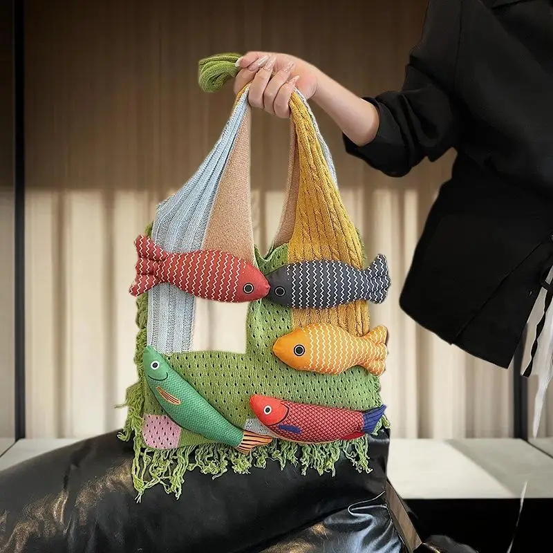 

Креативная вязаная сумка через плечо с бахромой и аппликацией в виде милой рыбки, универсальная повседневная сумка-тоут для девочек, подарок