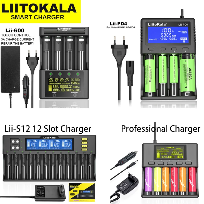 LiitoKala Lii-S12 Lii-S6 Lii-PD4 Lii-600 3.7V 18650 Battery Charger Auto-Polarity Capacity Detect 18350 26650 21700 1.2V AA AAA
