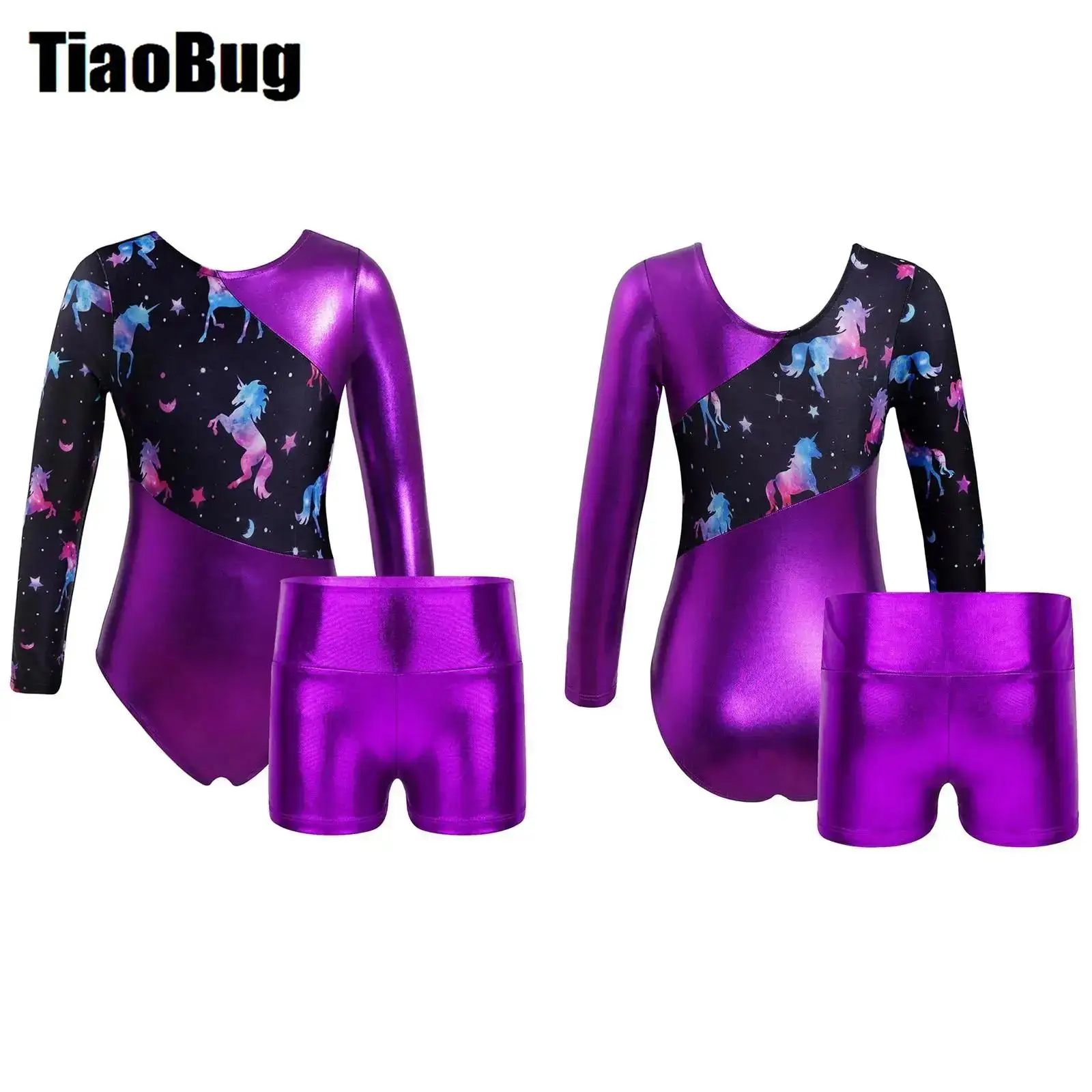 

Kids Girls Printed Swimsuits Long Sleeve Patchwork Leotard with High Waist Shorts for Swim Gymnastic Ballet Dance Performance