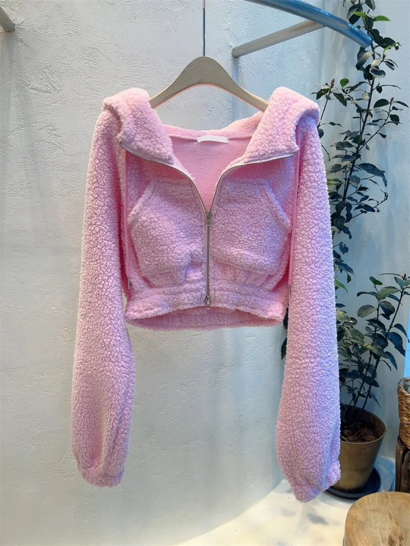 

Warm Zipper Hooded Color Short Coat for Women Thickened Spring Outerwear Comfortable Fitted Korean Style Knitted Cardigan