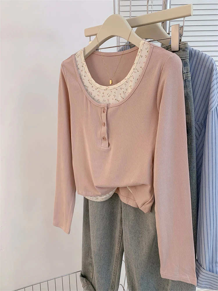 

Женская розовая лоскутная футболка Harajuku, корейская футболка Y2k, винтажные футболки 90-х годов с длинными рукавами и круглым вырезом, элегантная одежда 2000-х годов, осень