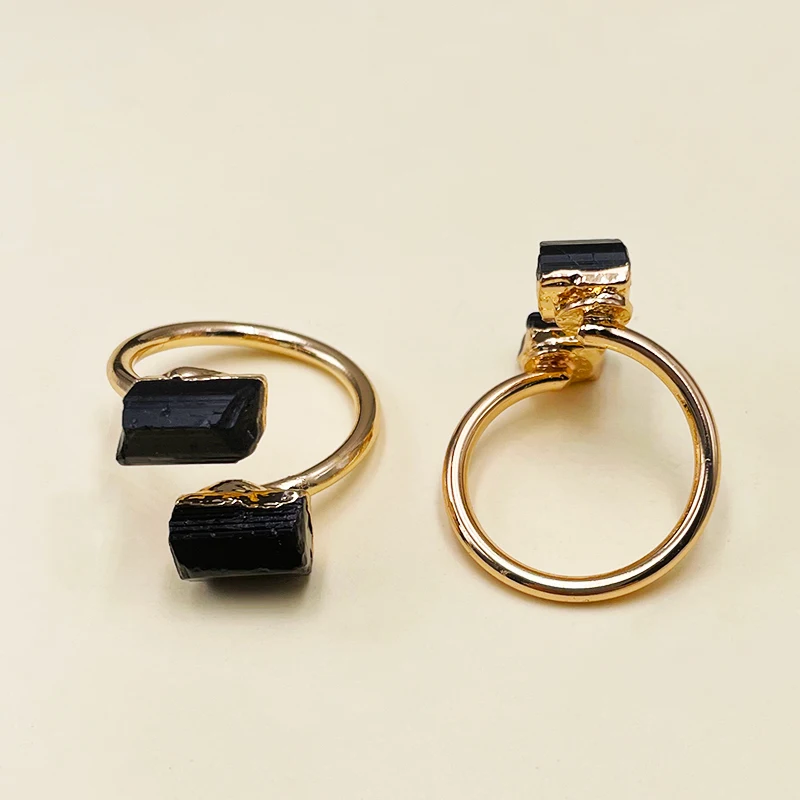 Irregular Black Tourmaline Open Ring for Women Girls Boho Golden Handmade Raw Stone Finger Jewelry Resizable