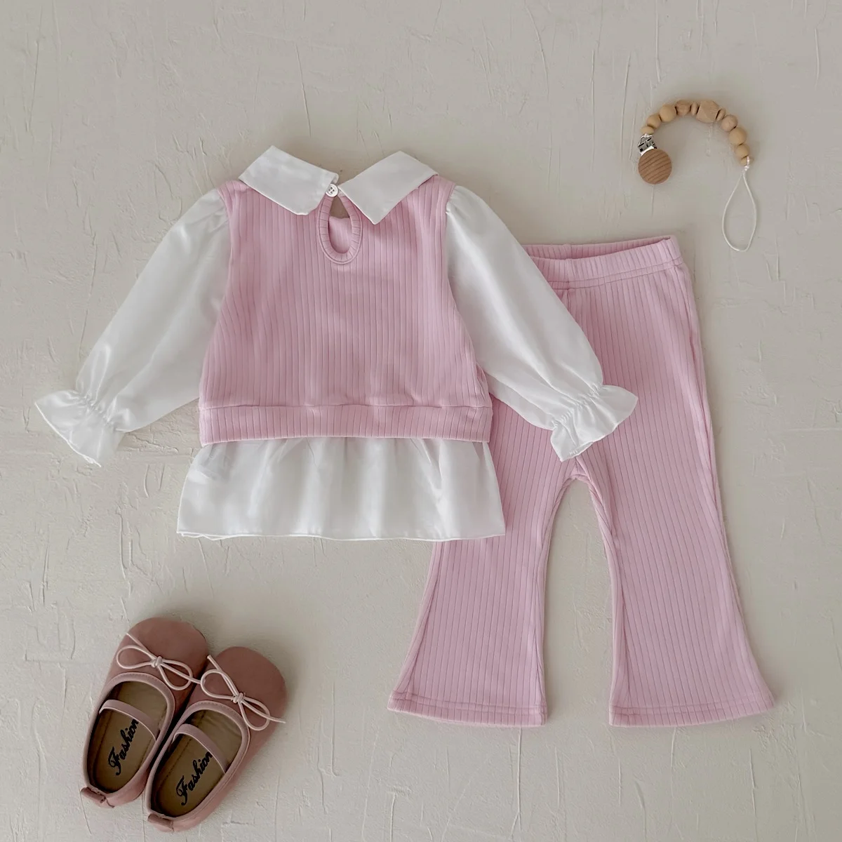 Sweet Pink Baby Girl Bow Ribbed Fake‑3‑Piece Outfit, Infant Lapel Long‑Sleeve Top Flared Pants 2‑Piece Casual Set