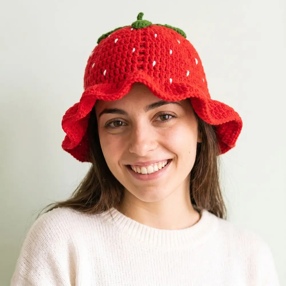 Creative Ruffle Strawberry Knitted Hat Fruit Shaped orange Knit Fisherman Hat Handmade Soft Knitted Bucket Hat Winter Autumn view 5