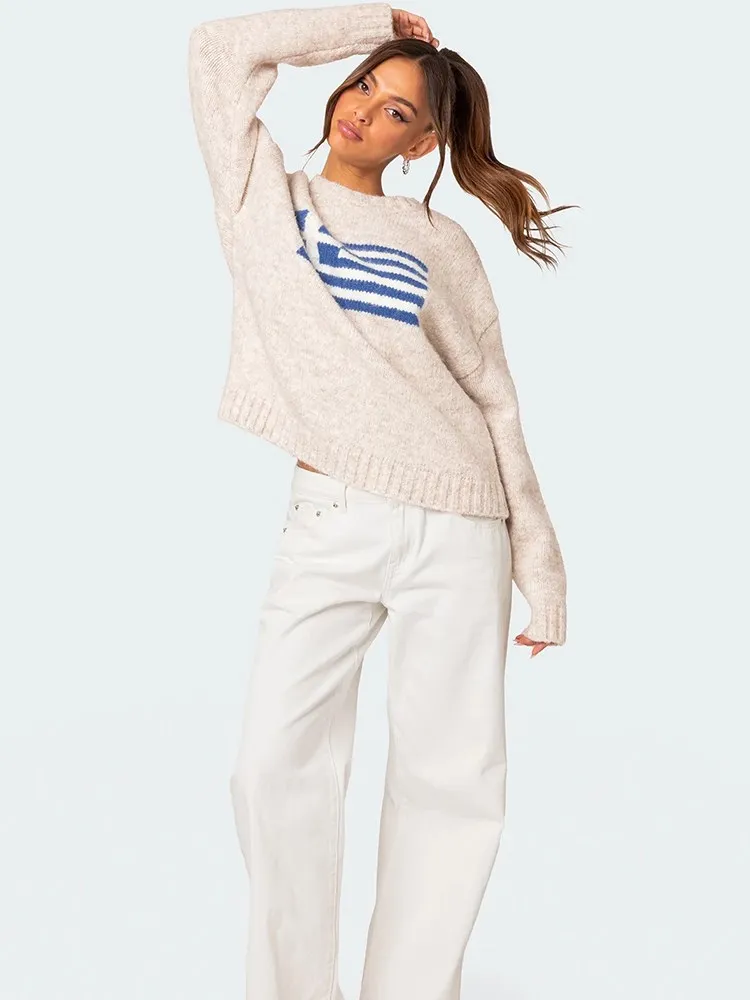 2024 Harajuku Hip Hop Knitted Men\'s Women\'s Sweater Fashio FLAG GIRL Pattern Printing Loose Tops Casual Streetwear Pullover