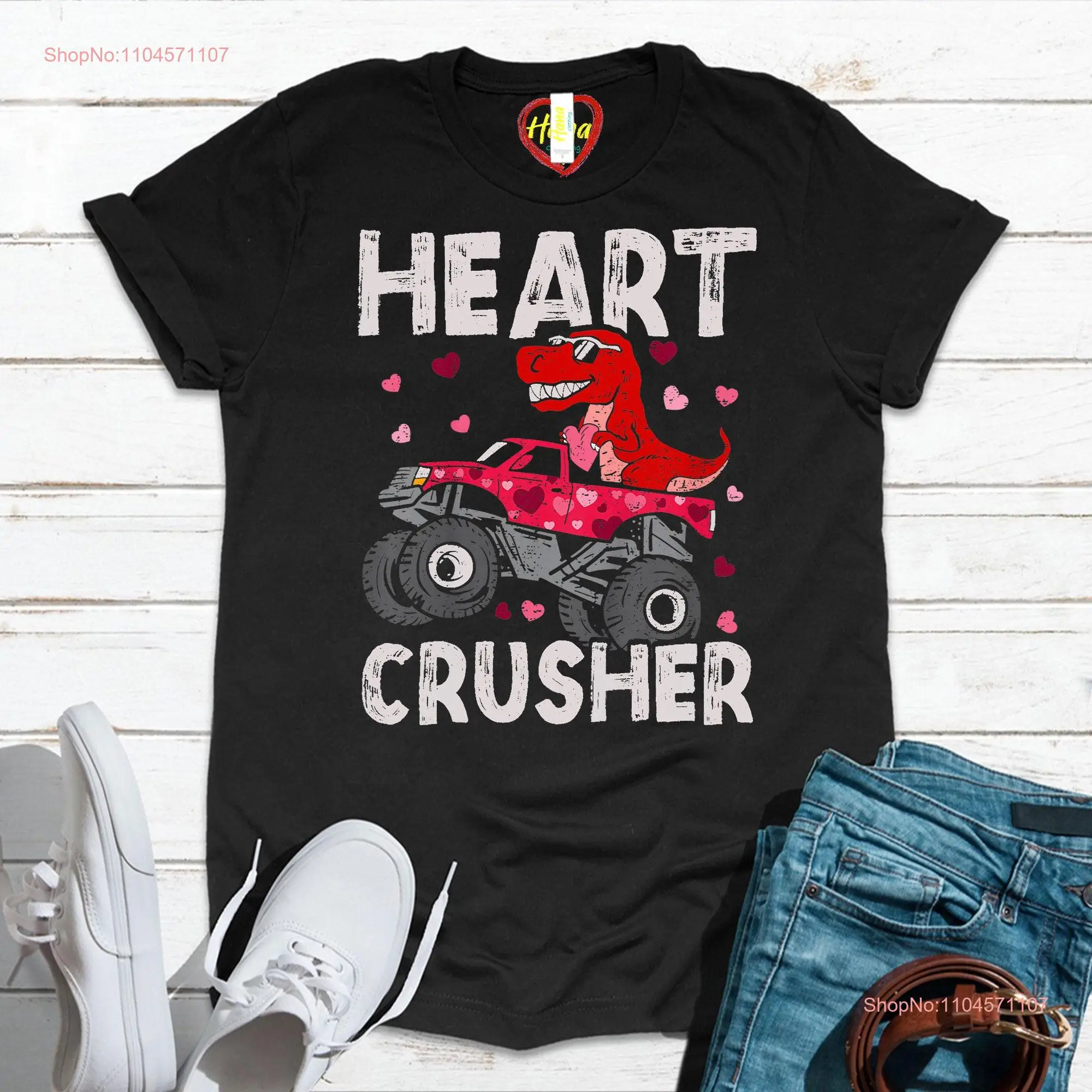 قميص للأطفال على شكل ديناصور مونستر تراك تي ريكس لعيد الحب والأطفال الصغار بأكمام طويلة أو قصيرة