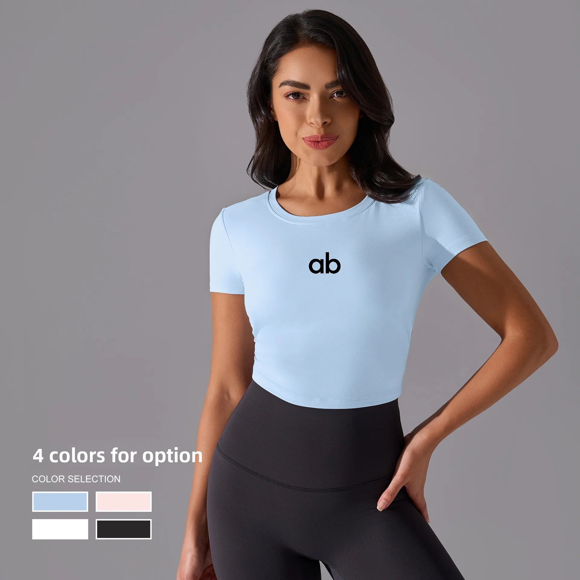Women Naked Feeling Fixed Cup Cropped Yoga Top Drawstring Breathable Skin Friendly Fitness Short Sleeve Tee
