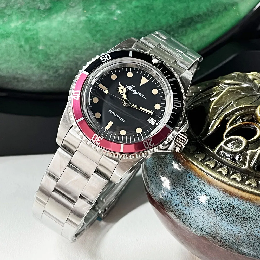 Reloj para hombre 39,5 mm NH Caja 35 Cristal redondo Waterman Reloj vintage 35 Movimiento Caja de mano Bisel giratorio Rojo Negro