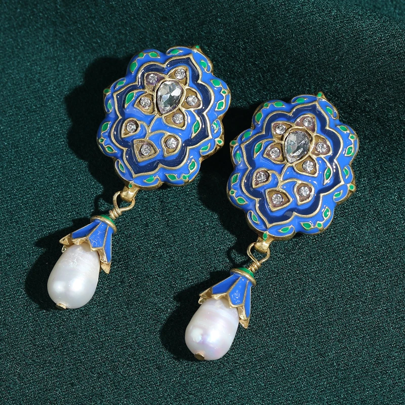 خمر الأقراط الزرقاء الكبيرة قطرة المينا اللؤلؤ زهرة قلادة اللون الفاخرة جودة مجوهرات اكسسوارات الحفلات للنساء 2025 جديد