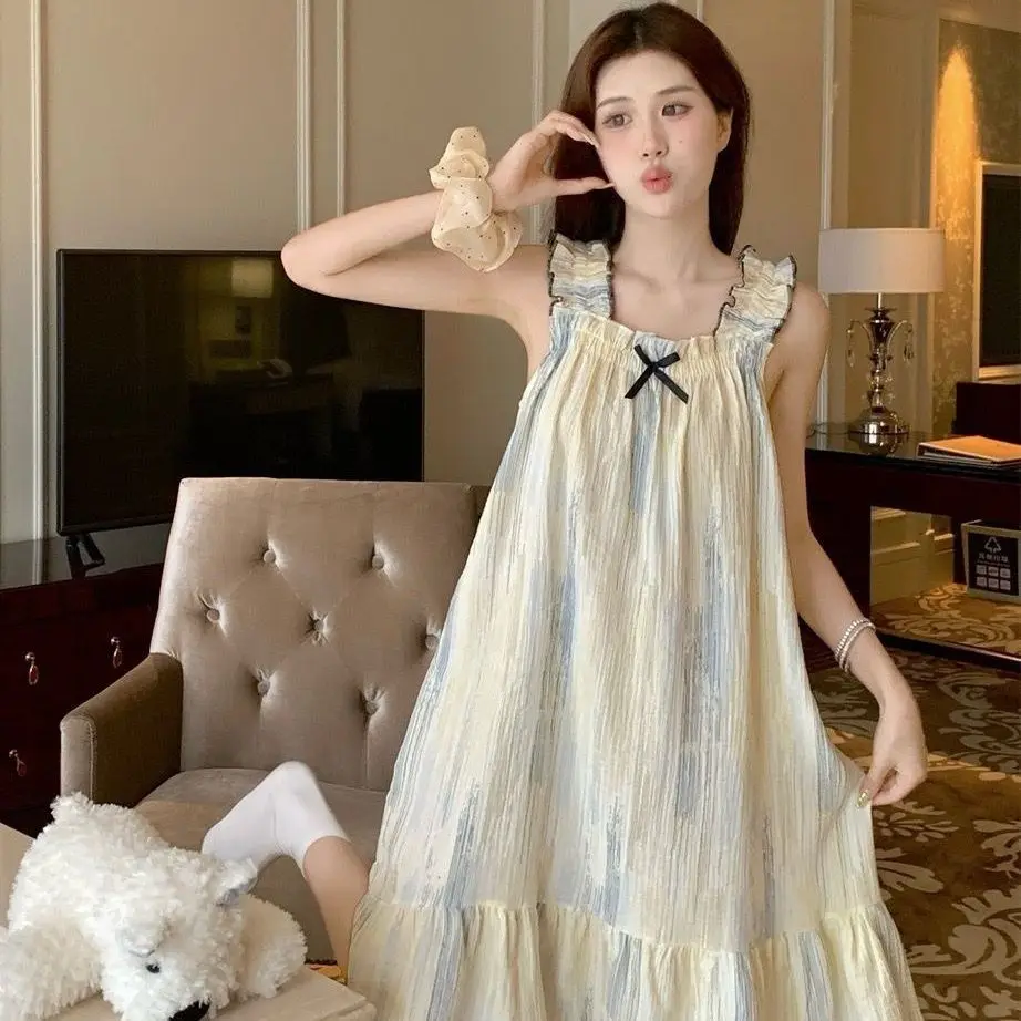 

Летняя ночная рубашка для женщин, летняя студенческая пижама без рукавов с цветочным принтом, тонкая домашняя одежда, одежда для сна, платье