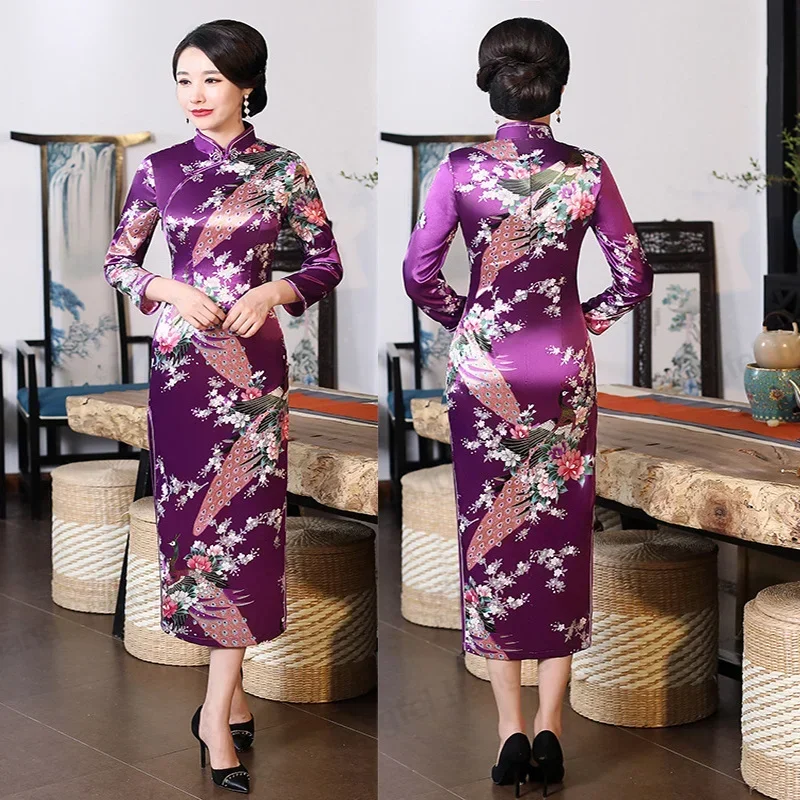

Cheongsam с длинным рукавом и принтом павлина Qipao, большой размер 3Xl 4Xl 5Xl Qipao, женское элегантное китайское платье для командного шоу, сексуальные платья