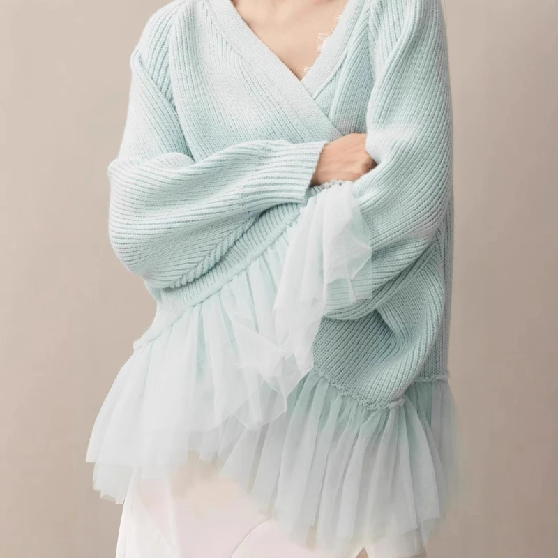 

Autumn Flounce Mesh Knitted Sweater in 2025 Sweet and Fresh Long-sleeved Cardigan for Women