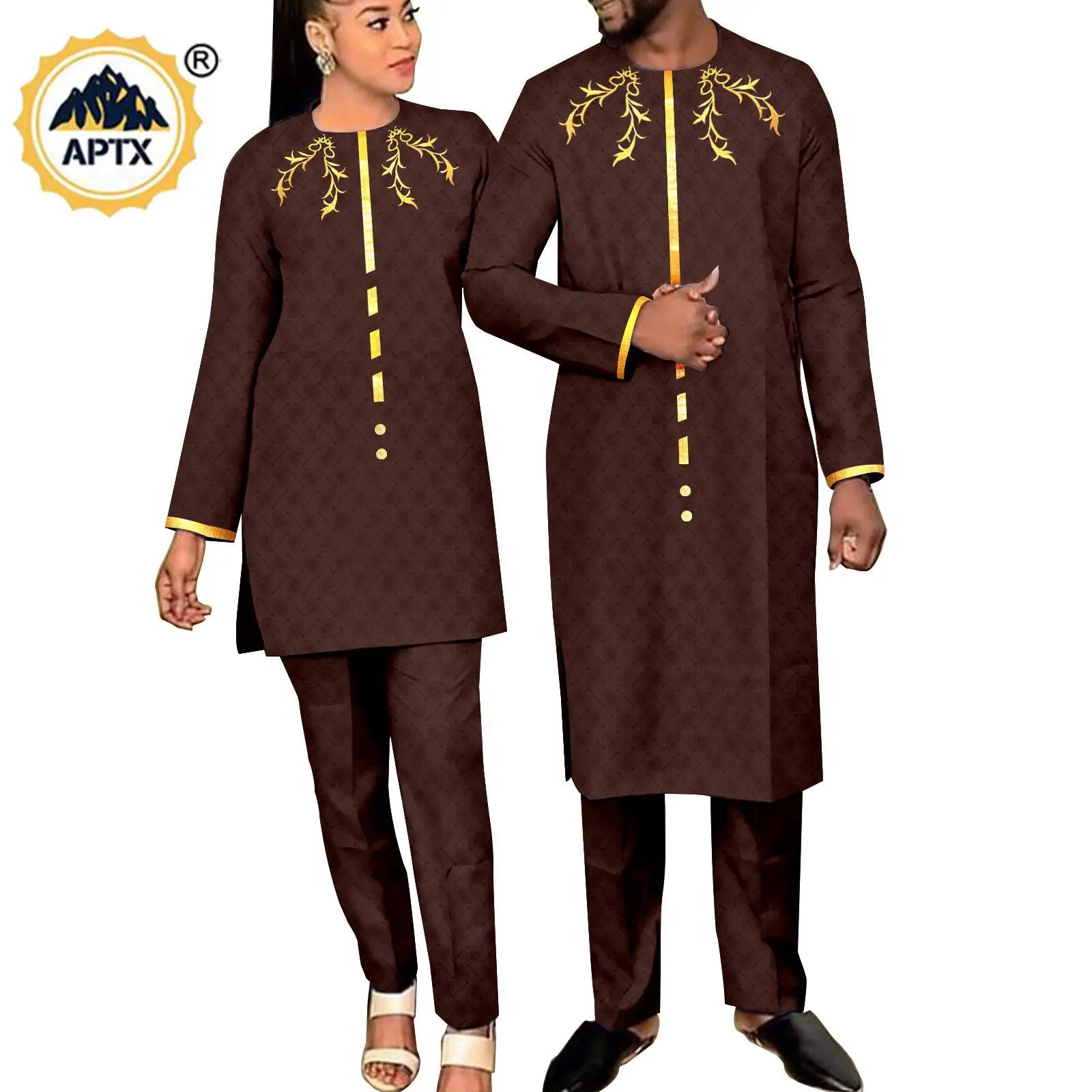 African Matching Outfit for Couples Men Clothes Kaftan Bazin Riche Women Long Top and Pant Sets Agbada Wedding Wear Y23C037