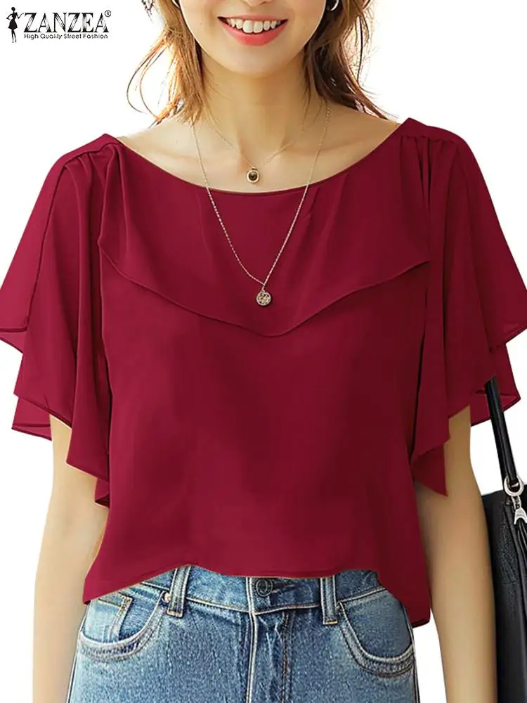 ZANZEA Women Chiffon Blouse Elegant Short Sleeve Shirt 2024 Summer Korean Fashion Solid Tops Tunic Casual Loose Ruffle Hem Blusa