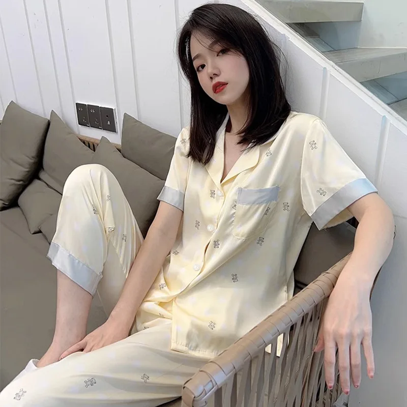 Summer French Luxury Bear Pajamas, Women's Short Sleeves, Long Pants, Thin Satin Silk Loungewear Suit Summer Cool Pijamas Women