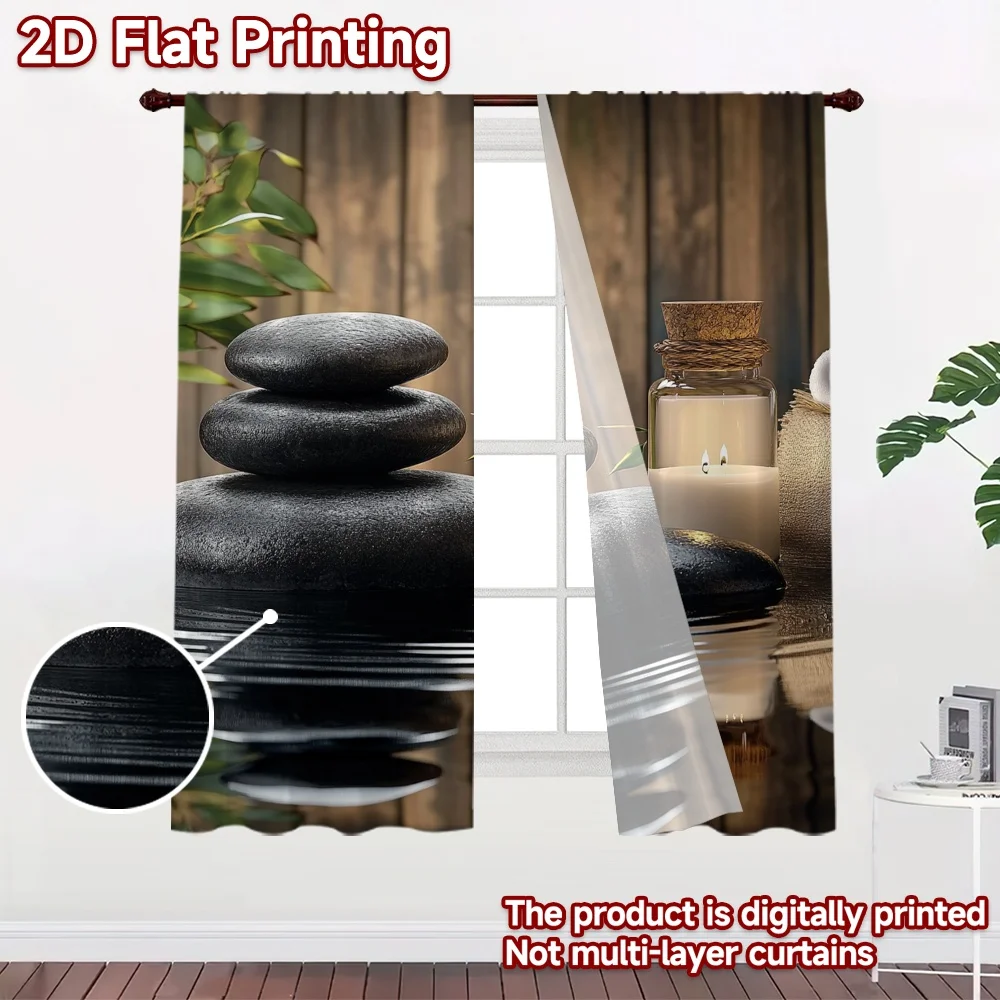 2D flat 2pcs Curtain Modern Minimalist Style Zen Stones and Candle Digitally printed polyester Festive Holiday Perfect for Event