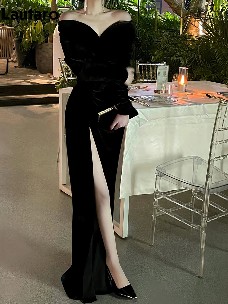 Lautaro Spring Long Sexy Black Stretchy Fitted Birthday Party Evening Dresses for Women Luxury Elegant Off the Shoulder Clothing